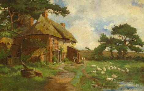 Rib Hilton (19thC/20thC). Thatched cottage - country scene, oil on canvas, signed, 48cm x 73.5cm.