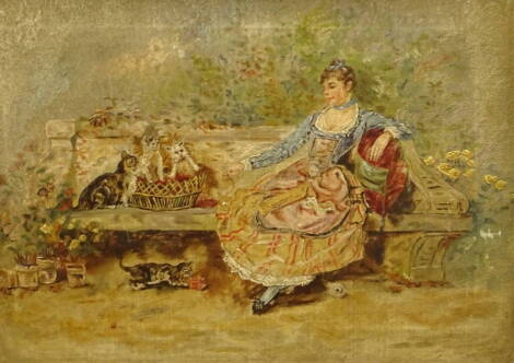 19thC/20thC Continental School. Maiden with cats and birds, oil on canvas - pair, 29.5cm x 39.5cm.