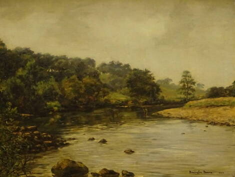 William E. Barrington-Browne (1908-1985). River landscape with fisherman, oil on canvas, signed and dated 1949.