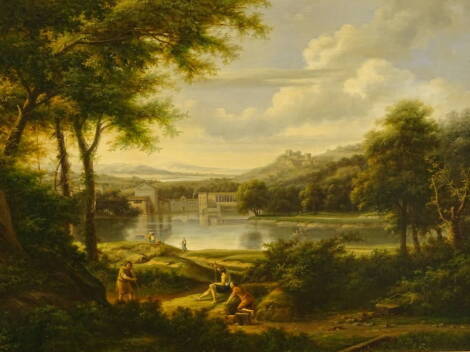 Italian School. Classical landscape with figures, oil on canvas, 59.5cm x 74.5cm.