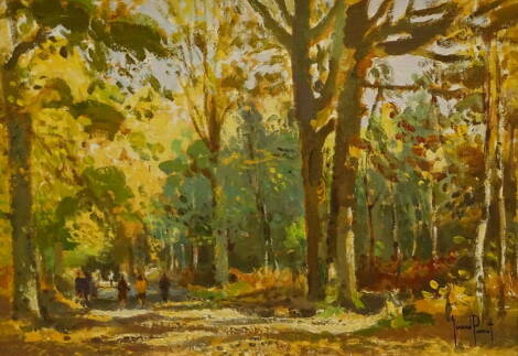 Gerard Passet (1936-2013). Woodland walk, oil on canvas, signed, 32cm x 44cm.