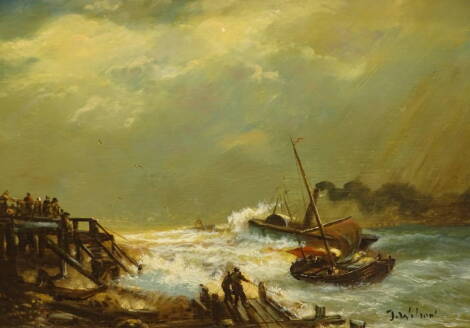 J. Wilson (20thC). Steam ship in choppy seas, oil on board, signed, 28cm x 38cm.