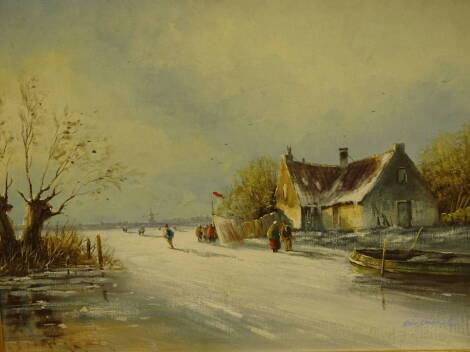 Eric Erwin (20thC). Winter scene with figures, oil on canvas, signed and dated (19)95, 48.5cm x 58cm.