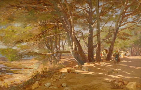 Adolphe Bonny (1849-1933). Figures by woodland riverside, oil on canvas, signed, 36.5cm x 53cm.