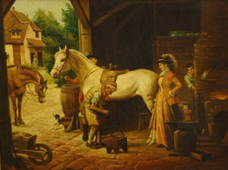 W.D. Young (19thC/20thC). Blacksmith scene - showing white horse with lady looking on, oil on canvas, signed, 49.5cm x 59.5cm.