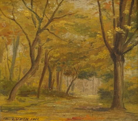 Charles Ludin (1867-1949). Woodland scene, oil on board, signed and dated 1918, 20.5cm x 22.5cm.