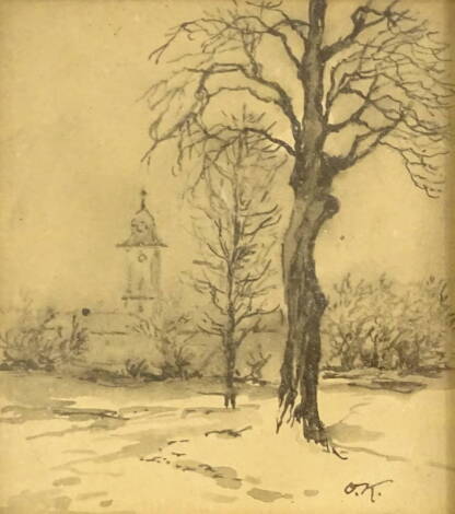 O.K. (19thC/20thC). Landscape view with church in the distance, ink drawing, initialled, 8cm x 6.5cm.