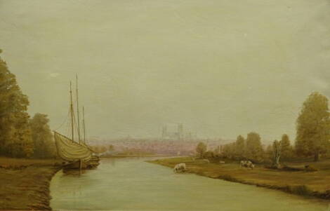 V.R. Williamson. Lincoln from the River Witham, oil on canvas, signed, titled and dated (19)91, 50cm x 75cm.