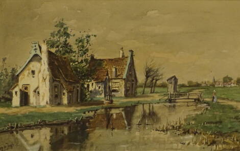 Tinus De Jongh. Rural cottage and river scene, watercolour, signed, 23cm x 36cm.