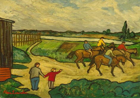 20thC British School. Horse riders, oil on board, bears signature, Alan Lowndes, 45.5cm x 60.5cm.