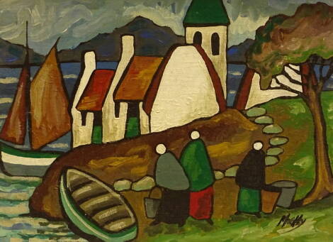 Markey Robinson (1918-1999). Harbour scene with figures, oil on board, signed, 26cm x 35cm.