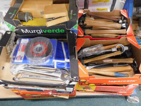 A large quantity of DIY and other tools, to include various new and unused claw hammers, other hammers, a wire brush, large spanners, drill attachments etc.