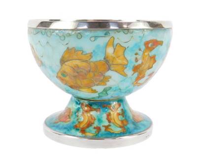 A silver and plique-a-jour enamel and silver bowl on stand, decorated with sea creatures against a blue ground, with silver top and foot rims, Dorothy Budd, London 1997, 12cm Dia.