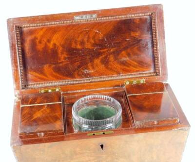 A Regency mahogany sarcophagus shaped tea caddy, with moulded outline and exterior gilt metal handles, the interior set with mixing bowl flanked by lidded compartments, on compressed ball feet, 24cm H, 33cm W, 15cm D. - 3