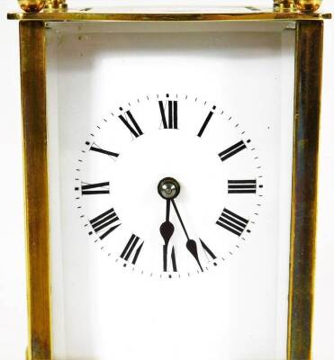 An early 20thC brass carriage clock, the 5.5cm back plate with Roman numeric dial, in a five part glazed case, revealing a single train movement, marked Made In France, and numbered 2685, on orb feet, with revealed keywind movement, 12cm H. - 2