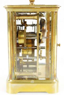 A late 19thC brass alarm carriage clock, the 5.5cm dial with Roman numerals and subsidiary Arabic second hand, revealing a twin train movement with bell, partially jewelled, in a five part glazed case, on shaped feet, 12cm H. - 3