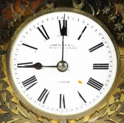 A 19thC brass repeating carriage clock, the 6cm Dia. enamel dial with Roman numerals marked Hancocks & Co, 58 Bruton Street, London, with a blind fret floral back plate, revealing a twin train movement striking on a gong, the back plate marked for Richard - 2