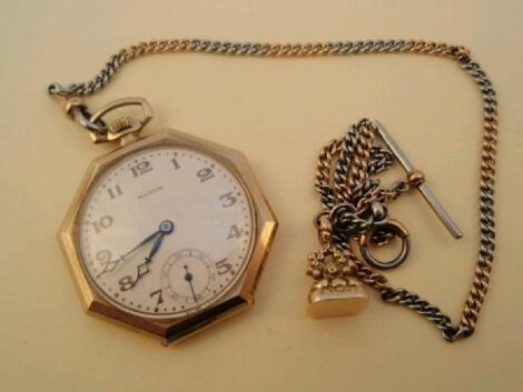 An octagonal gold cased open face dress pocket watch by Marvin on a bi-colour Albert