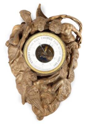 A 19thC French cast metal barometer, with 13cm Dia. Arabic dial, fitted with a bead border in a heavily cast case set with cherubs and scrolls, unmarked, 50cm H.