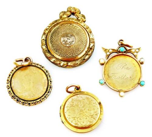 Four various pendants, to include a Victorian gilt metal memorial pendant, marked to rear shield MJ to LJ, a Victorian three shilling gold coin, in yellow metal mount, unmarked, a Victorian memorial locket, with floral C & S scroll design casing, yellow m