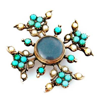A Victorian memorial brooch, in the star shape, with central circular memorial panel and four bordered turquoise and seed pearls, bearing initials to rear FD, with pendant ring, yellow metal unmarked, 3cm W, 6.9g all in.