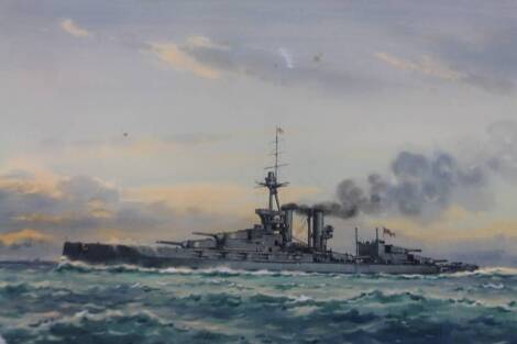 Frank Watson Wood (1862-1953). H M S Marlborough Flagship of Vice Admiral Sir Cecil Burney KCBKCMG Battle of Jutland, 31st May 1916, watercolour, signed and dated 1918, 36cm x 50cm.