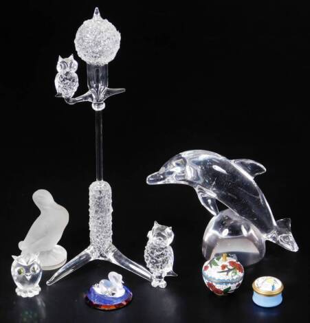 Various Swarovski and other ornaments, crystal owl figure group, 24cm H, small enamel box, etc. (a quantity)