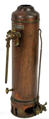 A Jacksons vintage copper and brass water boiler, with cylindrical body and front tap, 104cm H.