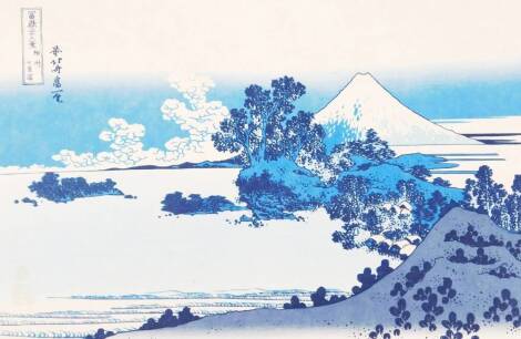 Early 20thC Japanese School. Trees before mountains, block print, in colours, signed, 25cm x 36cm.