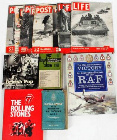 Various ephemera, 50 Year of British Pop, According to the Rolling Stones, Royal Show 1955 Nottingham booklet, another for 1966 from Warwickshire, various Life Magazines etc. (a quantity)