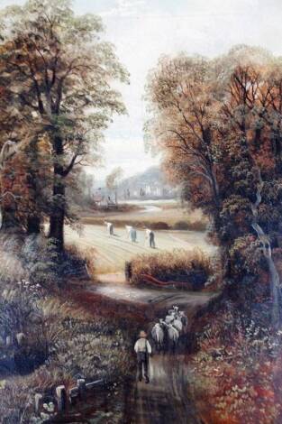 Edward Priestley (19thC). Figure driving sheep on a tree lined path before farm workers and settlement in the distance, oil on canvas, signed, 60cm x 45cm.