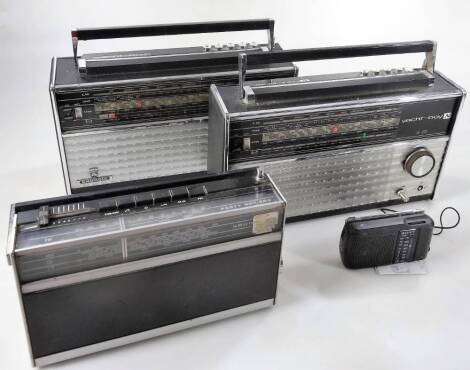 Various vintage radios, comprising Grundig Yacht-Boy, with front tuning feature, 38cm W, another similar, a Grundig Party Boy 500 and a Sony ICF-8, partially boxed. (4)