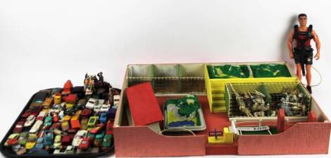 Various die-cast vehicles, figures, etc., Action Man, 30cm H, a Playcraft table top zoo N110, die-cast vehicles to include Corgi, Husky, etc. (a quantity)