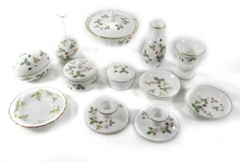 Various Wedgwood Wild Strawberry pattern wares, to include stem vase, 14cm H, pin dish, various other vases, lidded jar, etc. (a quantity, boxed)