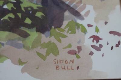 Simon Bull (20thC). Cat perched on a wall in a tree lined garden, watercolour, signed, 49cm x 37cm. - 3