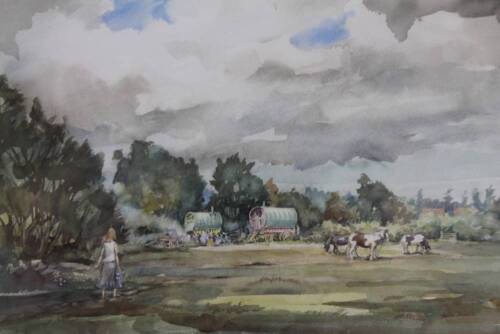 Francis Boxall (20thC). Tree lined landscape, figure bringing water with horses and caravans in the distance, watercolour, signed, 37cm x 52cm.