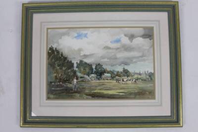 Francis Boxall (20thC). Tree lined landscape, figure bringing water with horses and caravans in the distance, watercolour, signed, 37cm x 52cm. - 2