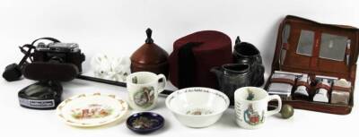 Various Wedgwood Bunnykins items, plate, 18cm Dia., and three other boxed items, EPNS bracelet, ashtray, elephant ornament, fez, Retina II Kodak camera in leather case, swagger stick, etc. (a quantity)