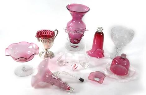 Various cranberry pink and other glassware, to include a trumpet epergne, 13cm H, vase with moulded white glass banding, jug, goblet partially etched, etc. (a quantity)