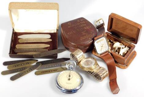 Jewellery, collectables, etc., collar studs and box, further jewellery casket, 7cm W, Hanhart stopwatch, Timex quartz wristwatch. (a quantity)