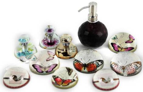 Various as new paperweights, cockerel, 8cm Dia., others with butterflies, soap dispenser. (a quantity)