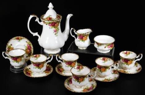 A Royal Albert Old Country Roses part coffee service, comprising of a coffee pot, 25cm H, cream jug, sugar bowl, cups and saucers. (a quantity)