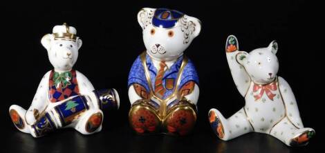 Royal Crown Derby paperweight ornaments, Schoolboy Teddy, gold stopper, 8cm H, and two others similar. (3)