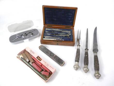 Various bygones, collectables, etc., seal and wax set, partially boxed, 21cm W, carving set, boxed geometry instruments, airbrush, cut throat razor, etc. (a quantity)