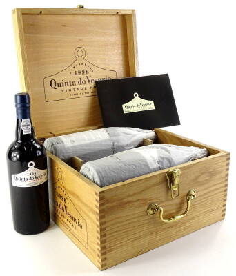 Six bottles of Quinta Deo Vesuvio 1998 vintage port, the fitted oak case with hinge lid containing paperwork relating to the product, etc. 32cm W.