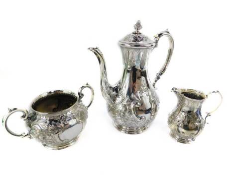 A Martin Hall & Company silver plated three piece coffee set, mid 19thC, of baluster form embossed with flowers and rococo scrolls, shaped reserves, impressed marks No 5272, comprising coffee pot, cream jug and sugar bowl.