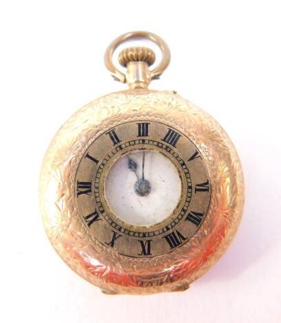 A lady's 9ct gold cased half hunter pocket watch, keyless wind, circular dial bearing Roman numerals, Swiss movement, the case with engraved foliate decoration, shield reserve, 19.3g.