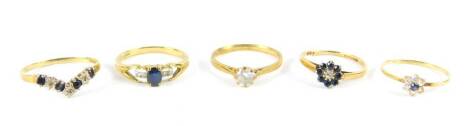 9ct gold and gem set rings, including a zircon solitaire ring and a wishbone ring, sizes N/R, 7.1g.