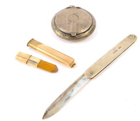 A George V silver compact, with engine turned decoration, monogram reserve, London 1924, silver folding pocket knife, Sheffield 1925 and a yellow metal pencil holder stamped 14K, initial engraved, 8.8g.