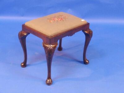 A George II style mahogany stool with wool work drop-in seat and shell